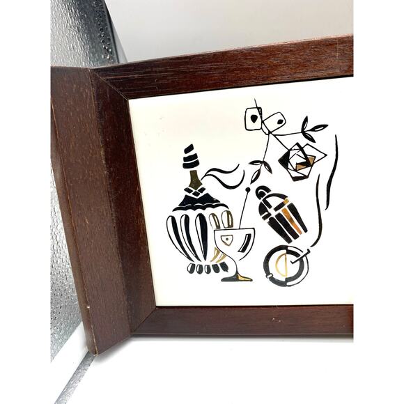 1950s Wood Framed 3 Tile Sansco Japan Serving‎ ,wall decor, Barware Mid Century - Picture 3 of 11